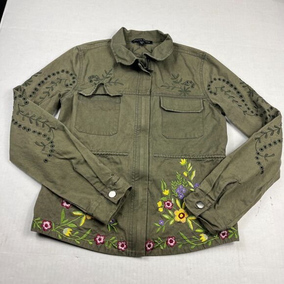 Boston Proper Zip Jacket Military Floral Embroidered Utility Green Festival XS - Picture 1 of 10